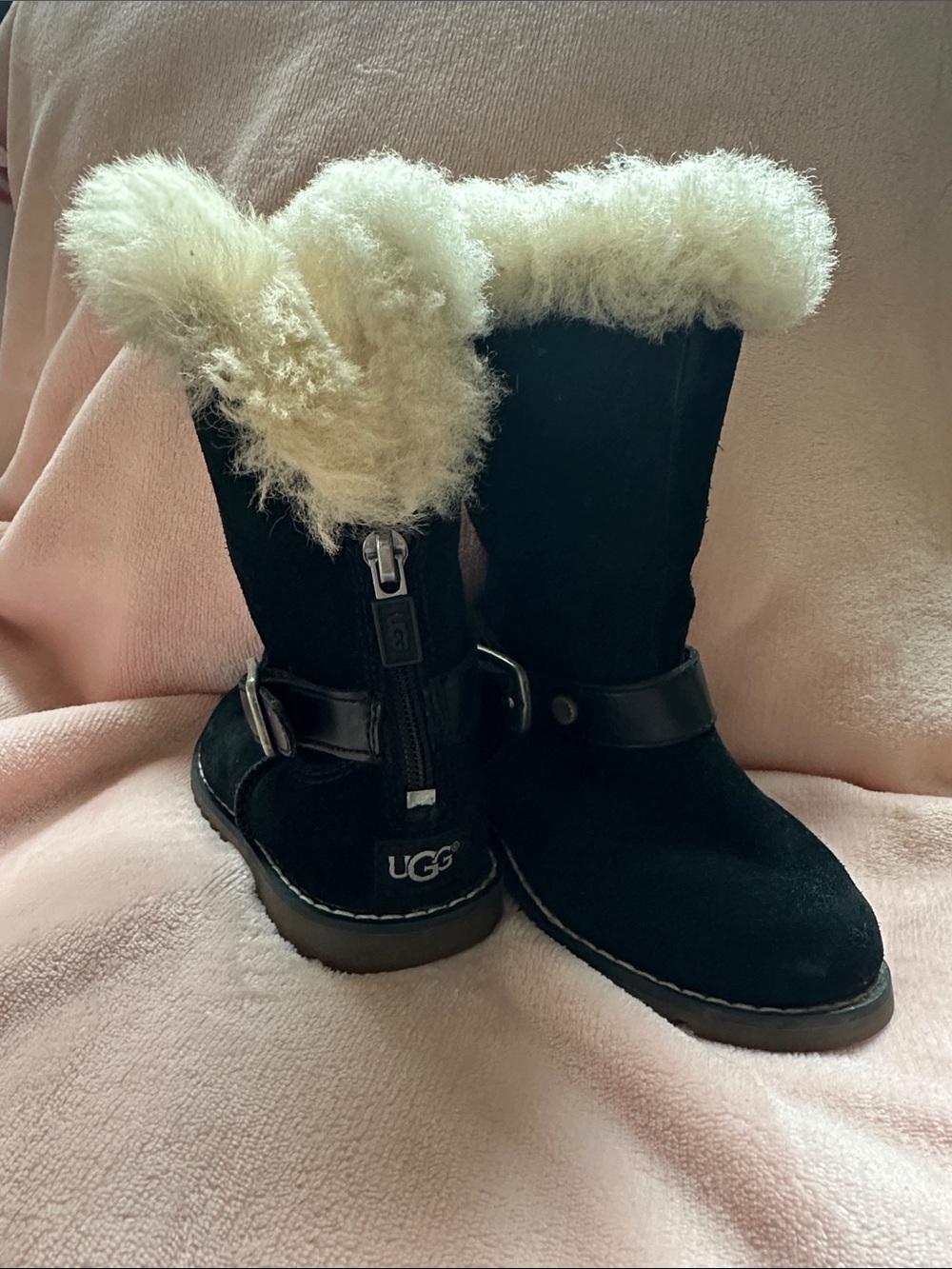 UGG Black Suede Short Boots with Cream Shearling Cuff
